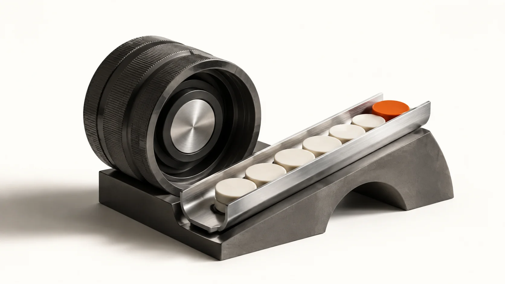 Editorial illustration: an optical lens beside a metering channel and orange token
