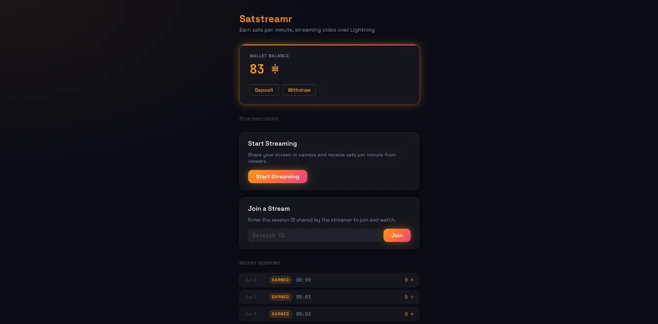 Satstreamr home with a wallet balance, a Start Streaming button for hosts, and a Join a Stream input for viewers