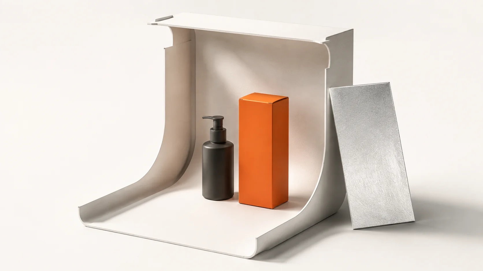 Editorial illustration: a miniature product-photo set with a charcoal bottle and orange carton