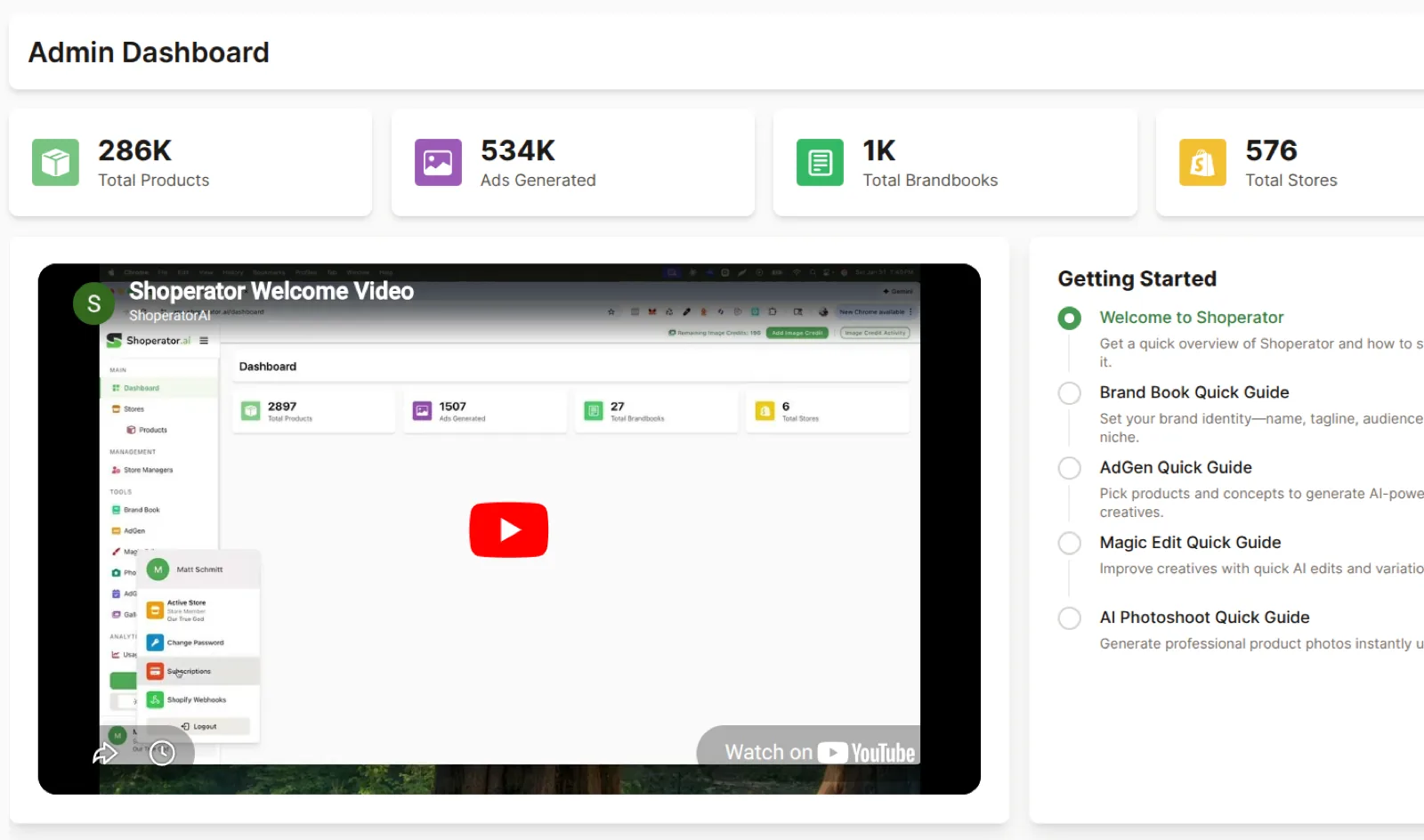 Shoperator AI — admin dashboard showing 286K products, 534K ads generated, 576 stores