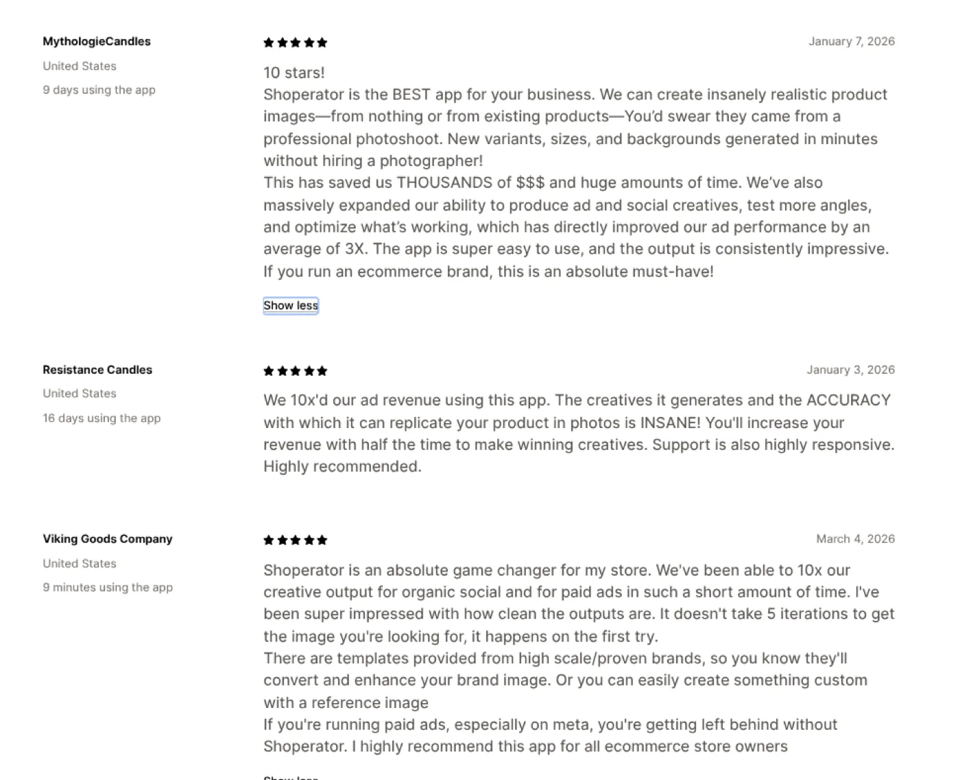 Shoperator AI — five-star reviews praising Shoperator's realistic images and time saved