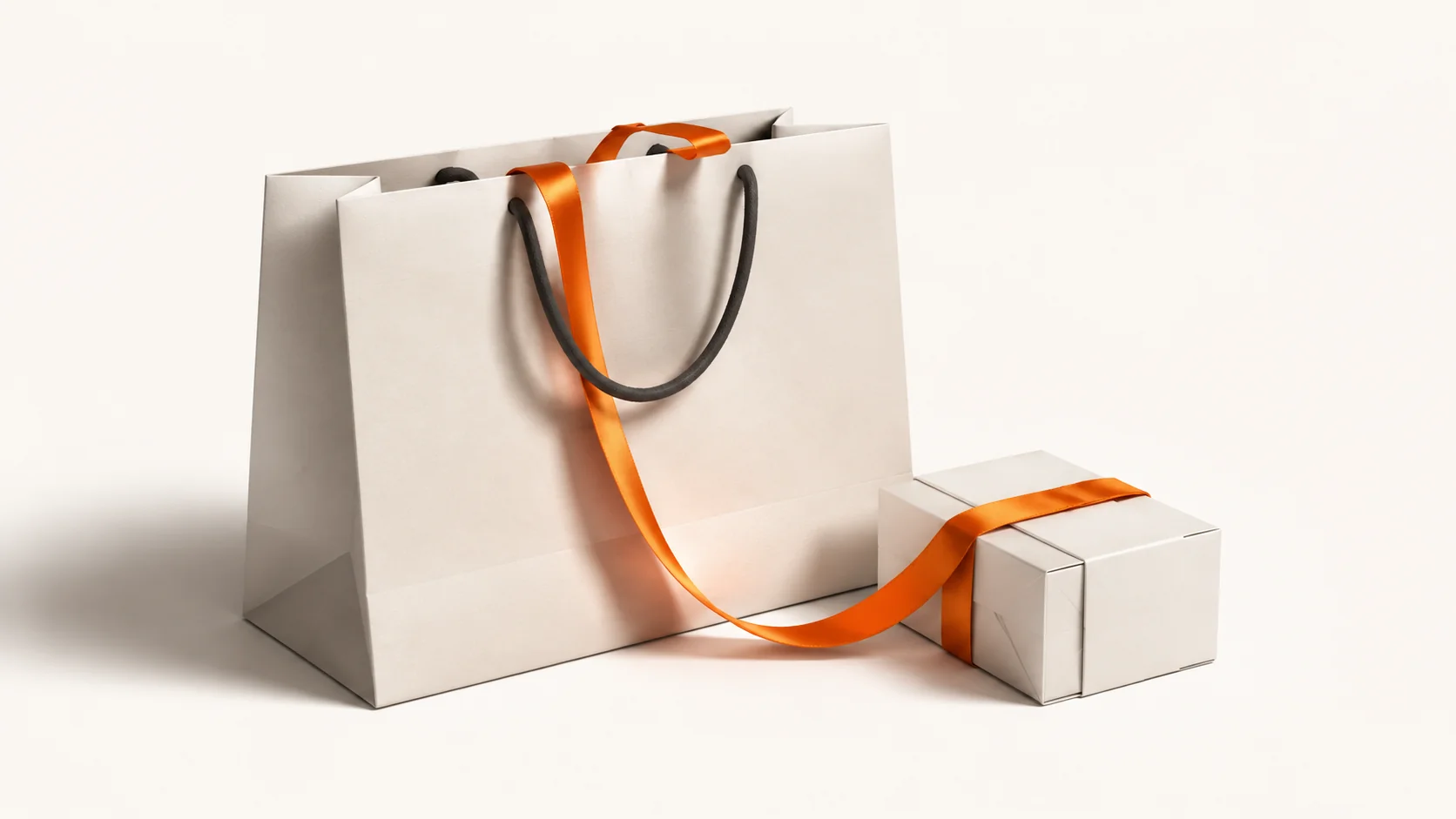 Editorial illustration: a shopping bag and parcel connected by an orange ribbon