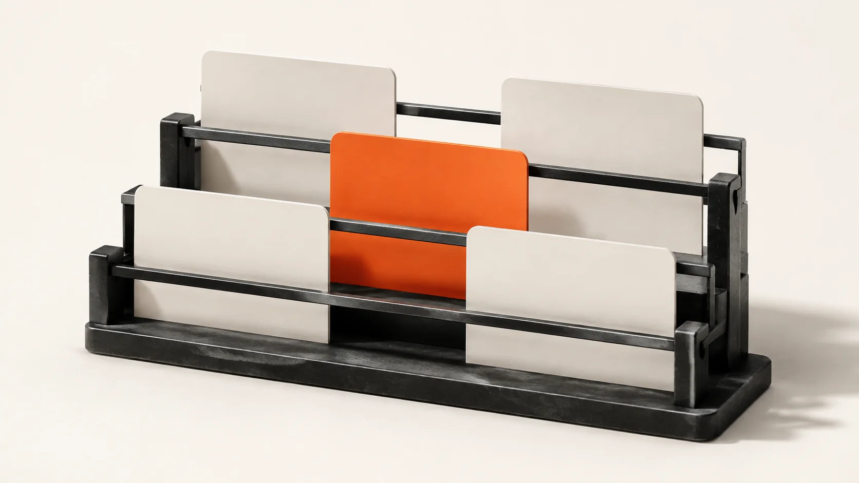 Editorial illustration: a three-rail task-card rack with one orange card