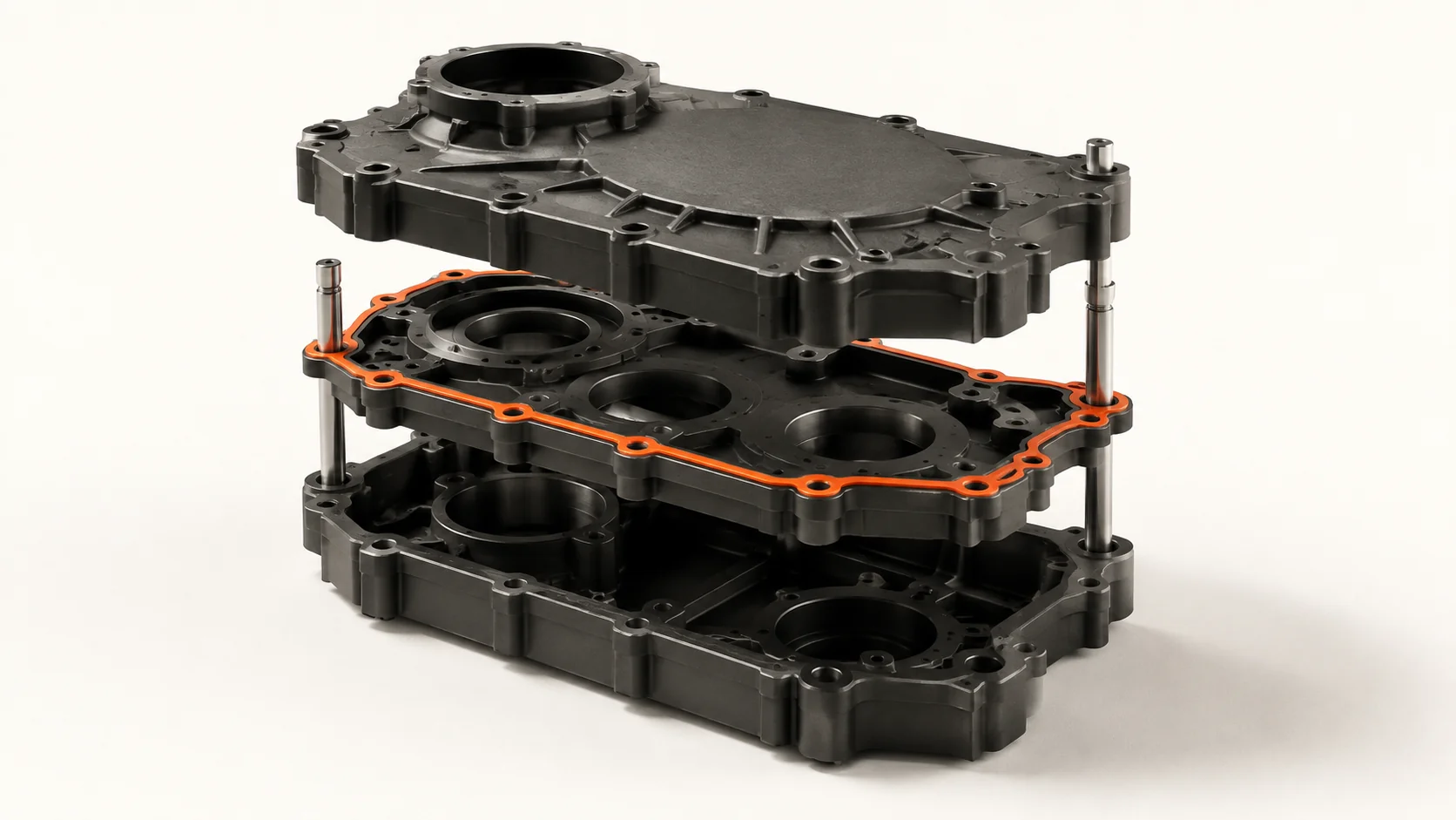 Editorial illustration: an opened mechanical housing revealing an orange gasket