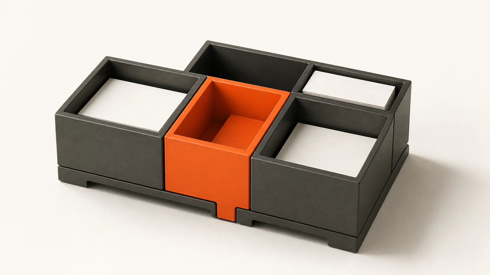 Editorial illustration: a modular knowledge organizer with one orange fitted module