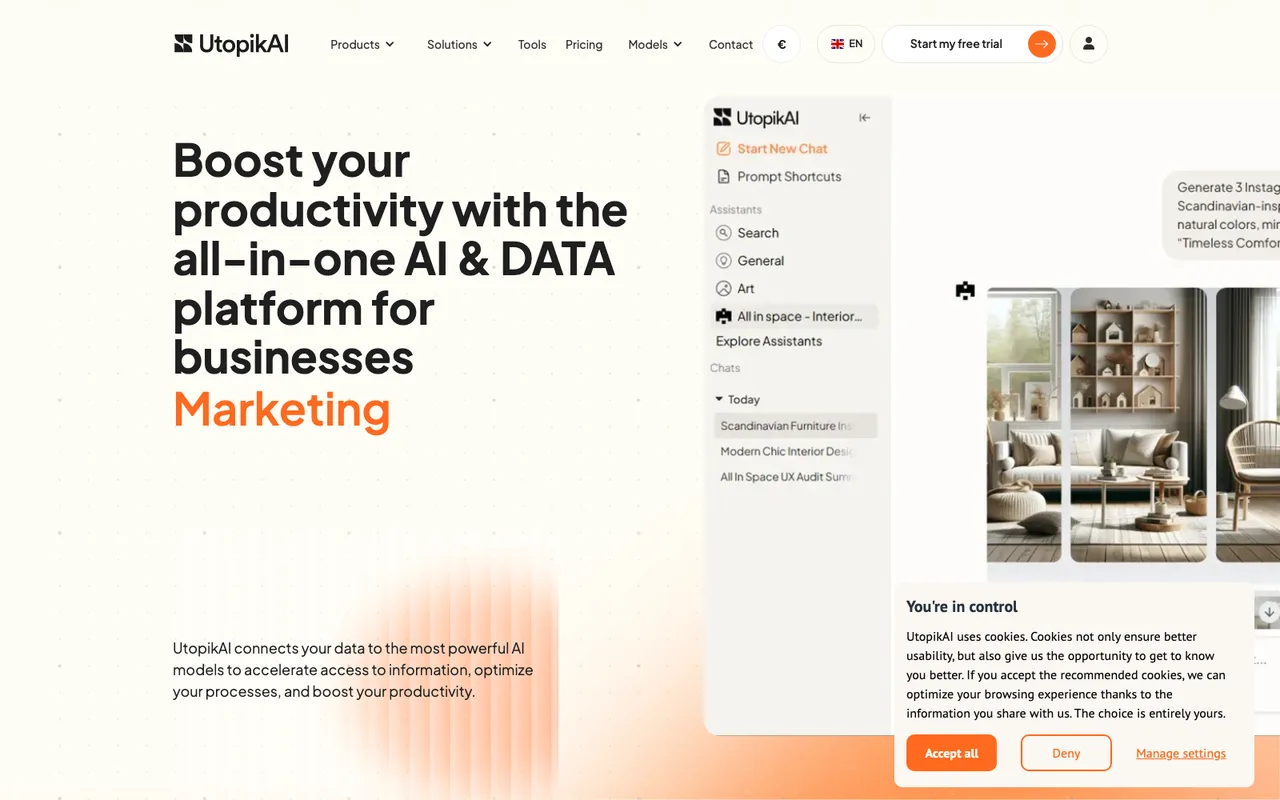 The UtopikAI all-in-one AI and data workspace showing the model selector, connected business tools and a chat grounded in company documents