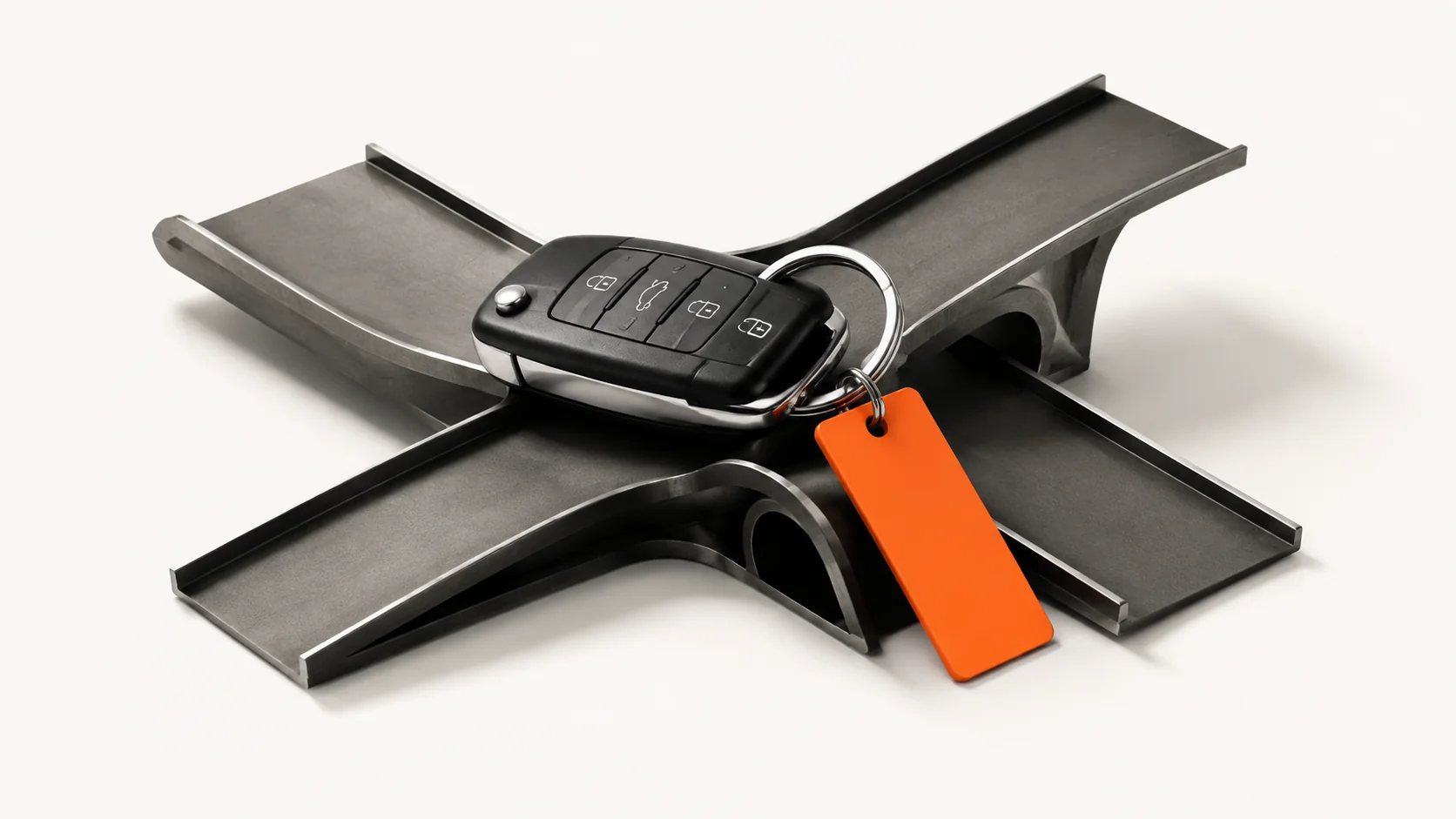 Editorial illustration: an automotive key and orange dispatch tag on a dark road-shaped base