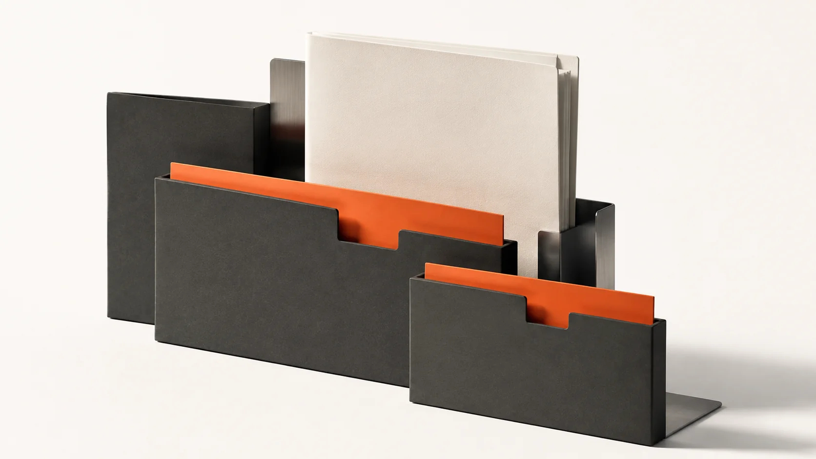 Editorial illustration: portfolio sleeves aligned around a central folder and orange sheet