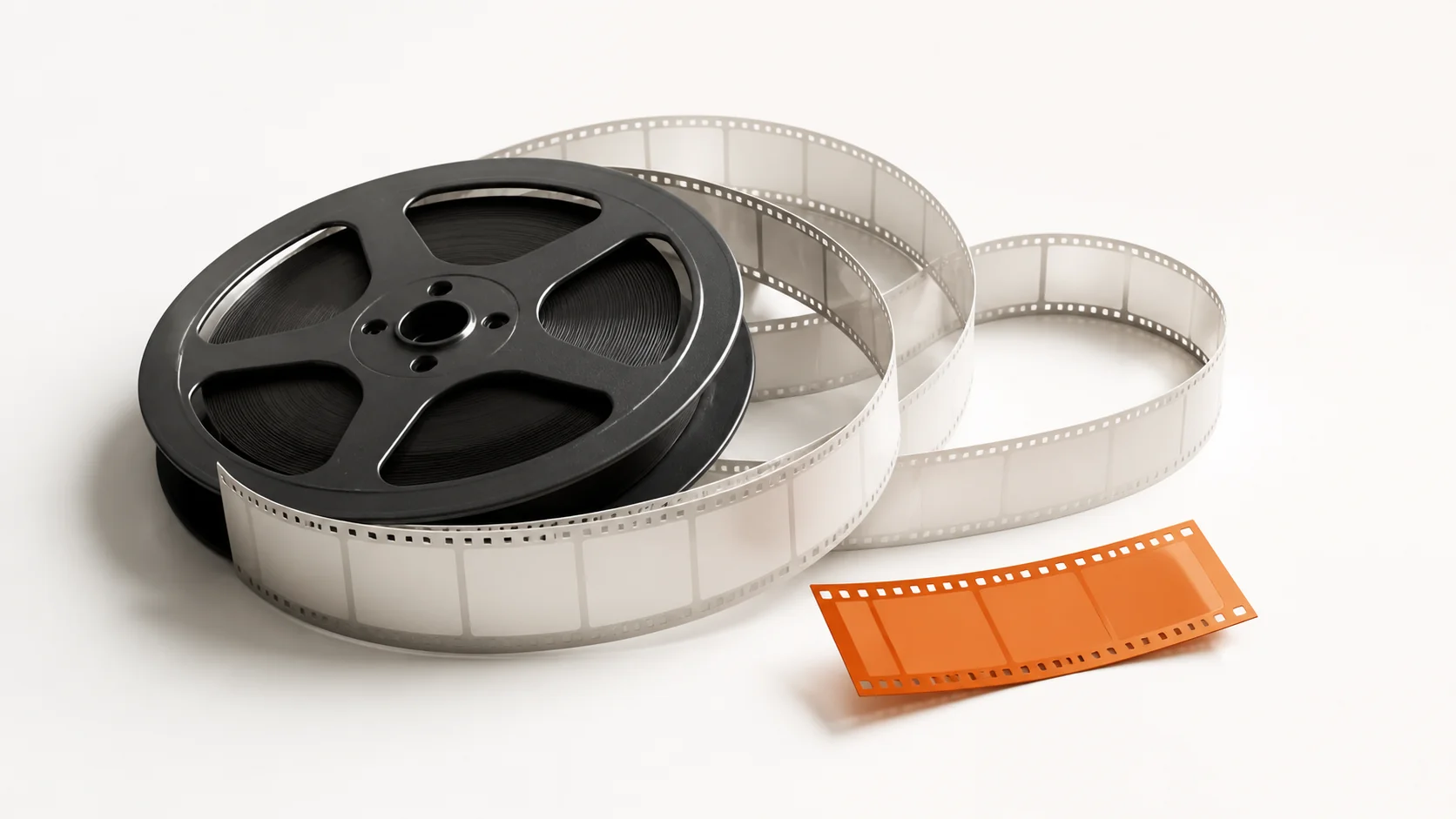 Editorial illustration: a film reel and blank film strip with one orange clip