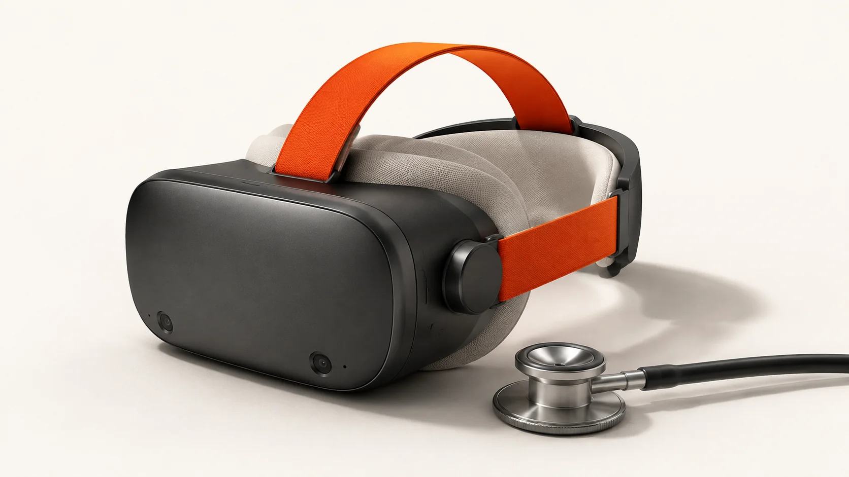 Editorial illustration: a VR headset with an orange strap and stethoscope chestpiece