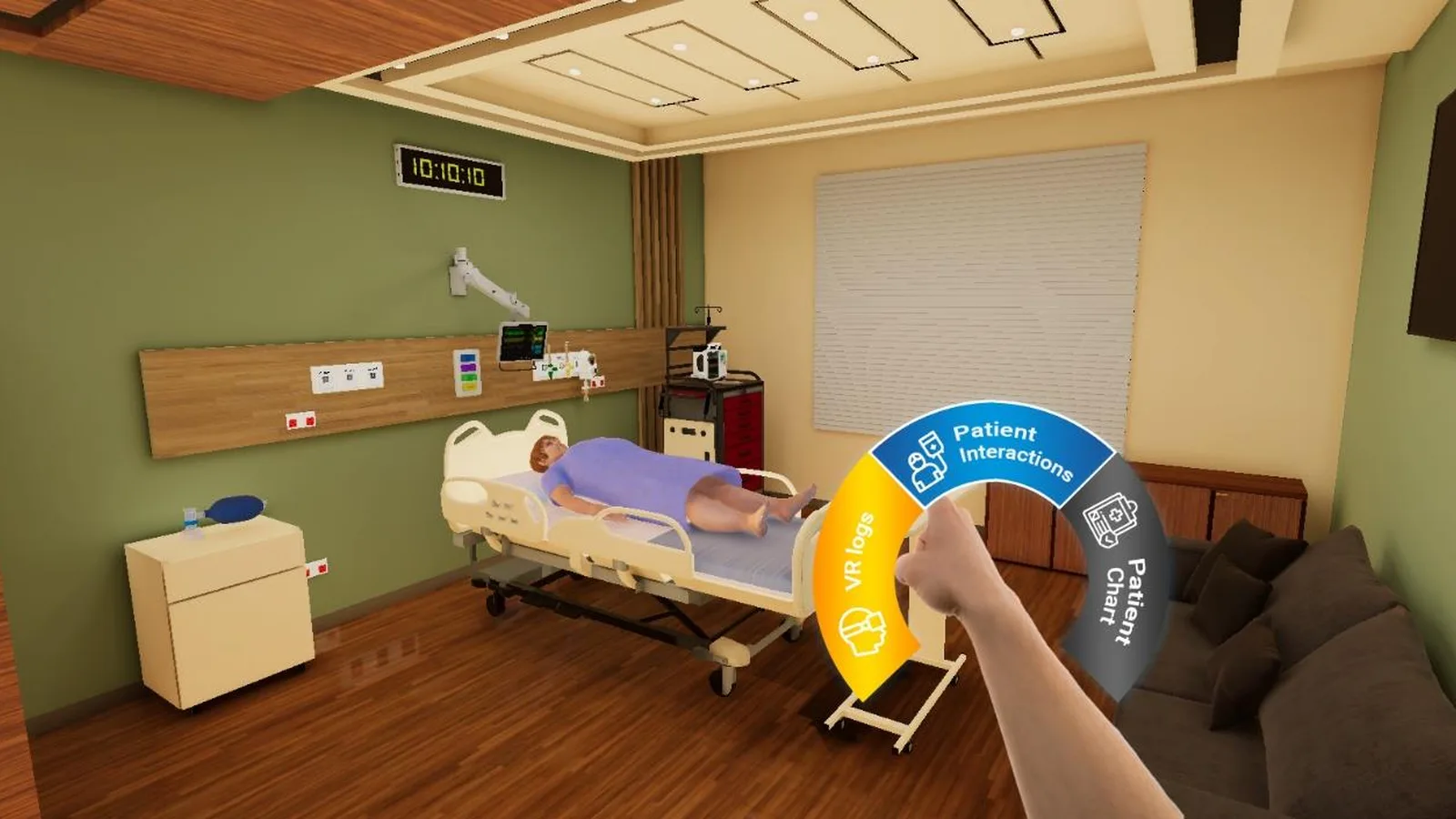 VR Clinical Training — first-person in-headset view inside the multiplayer VR emergency room, looking at a patient on a bed with medical equipment and another trainee nearby