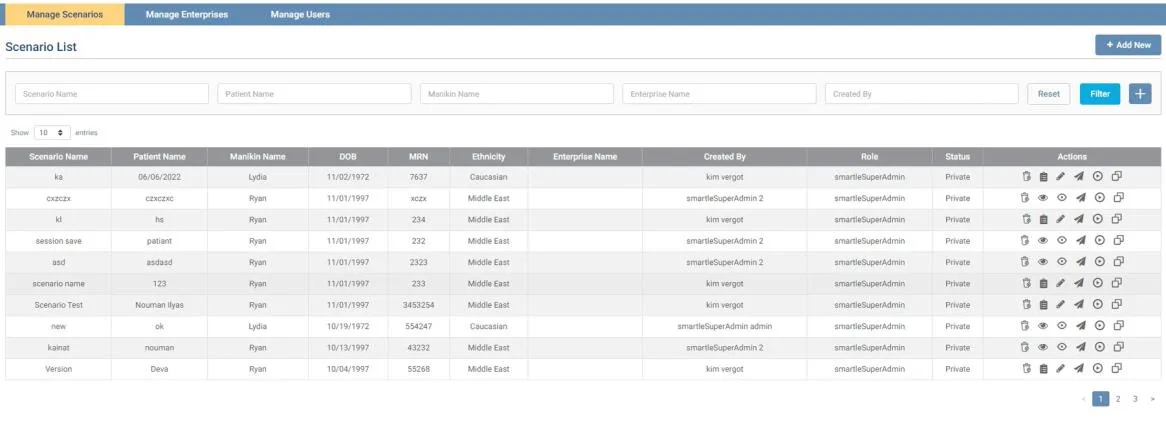 VR Clinical Training — the instructor web admin panel for authoring training scenarios, with a list of scenarios and the fields that define each one