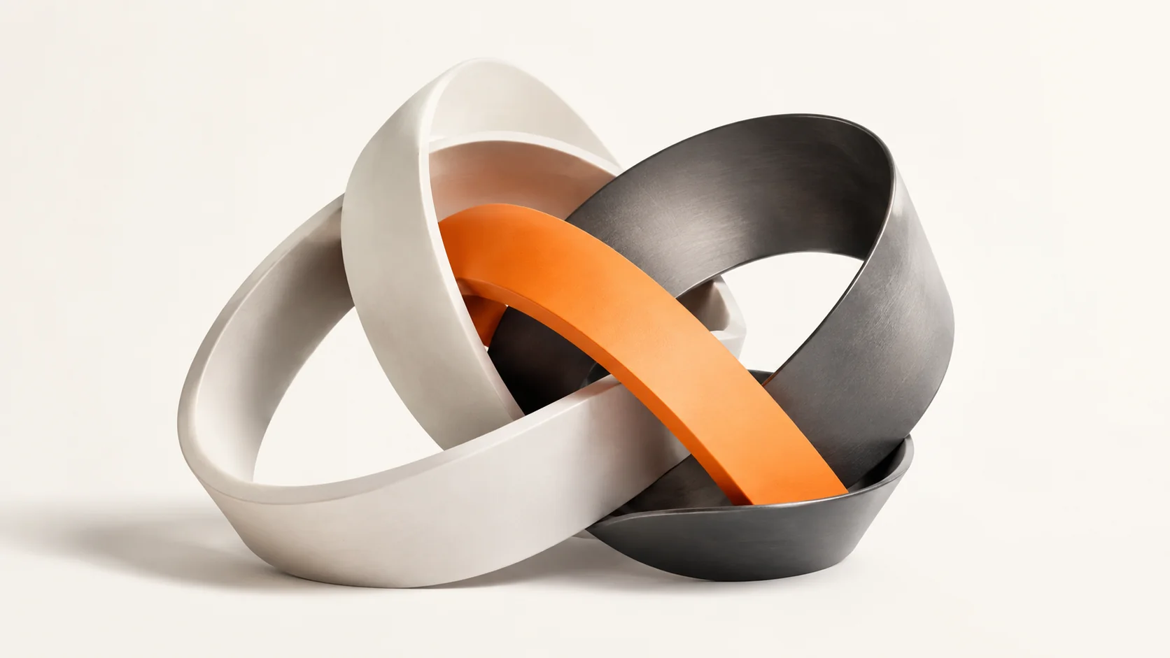 Editorial illustration: interlocking metal ribbons joined by one orange strip