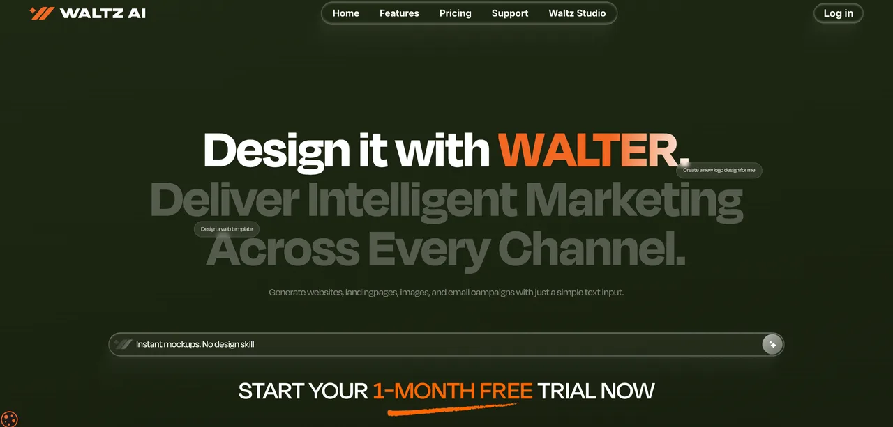 The Waltz AI platform showing autonomous design and the AI Page Orchestrator generating a landing page from a prompt