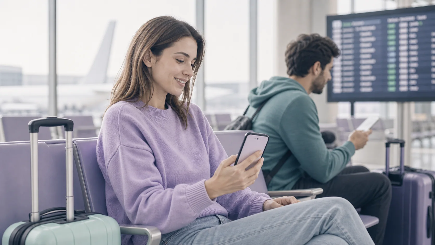 iPurey — traveler using a chat assistant in an airport