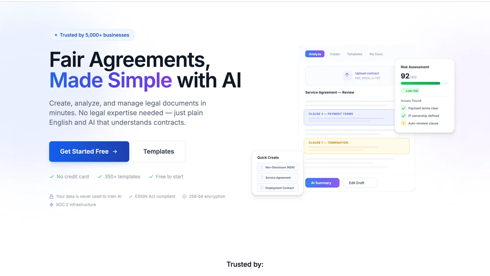 Legaliser contract workspace with an AI risk assessment scoring clauses for a service agreement