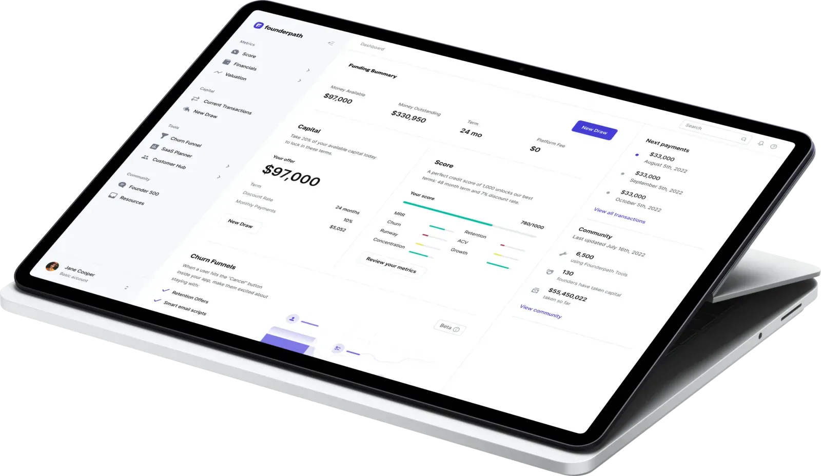 Founderpath founder dashboard with funding and revenue details