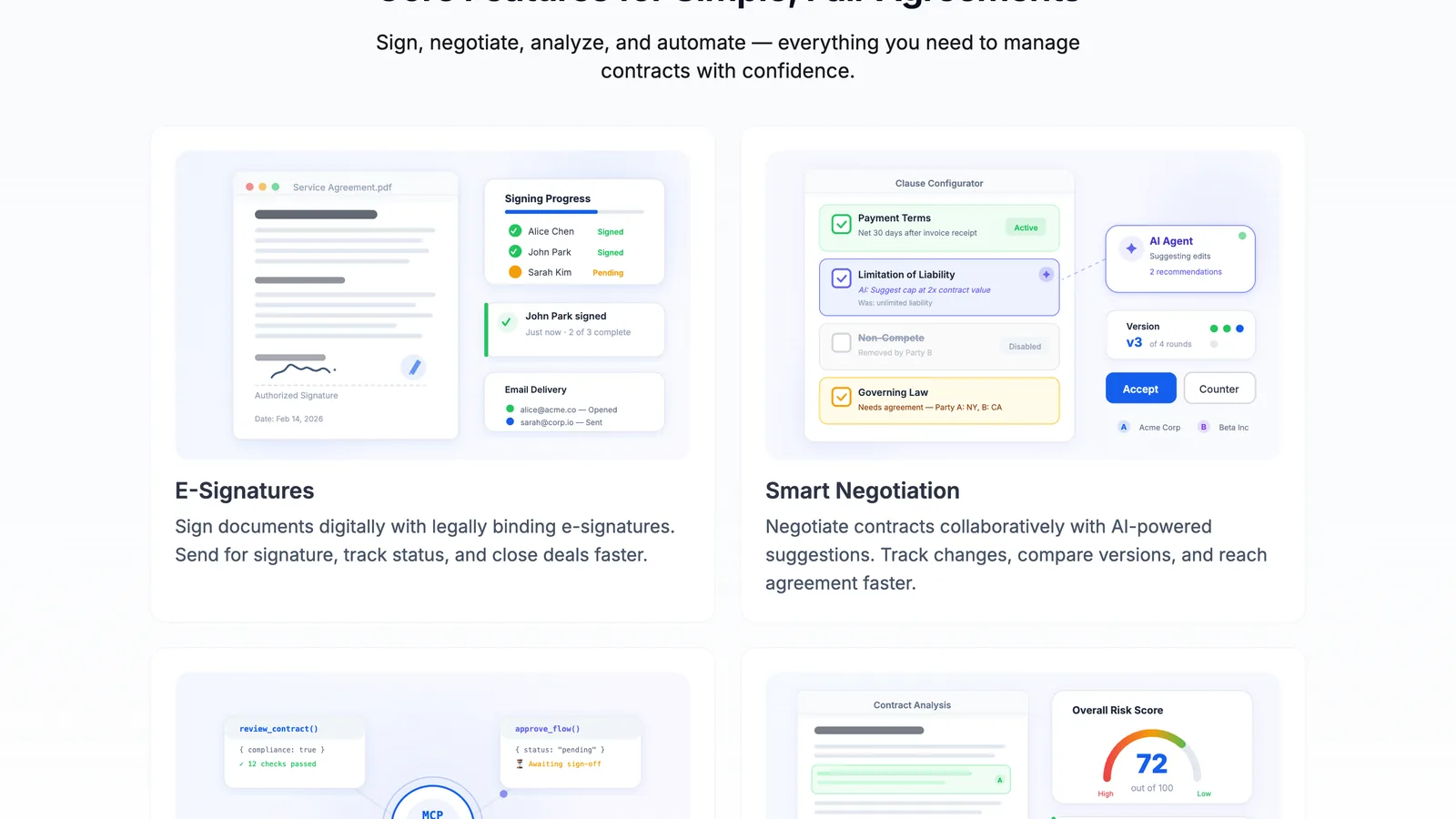 Legaliser core features: e-signature, smart negotiation, and AI contract review