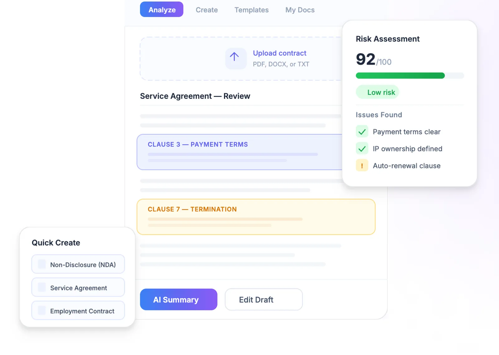 Legaliser AI contract review with a risk assessment card scoring a service agreement 92 out of 100