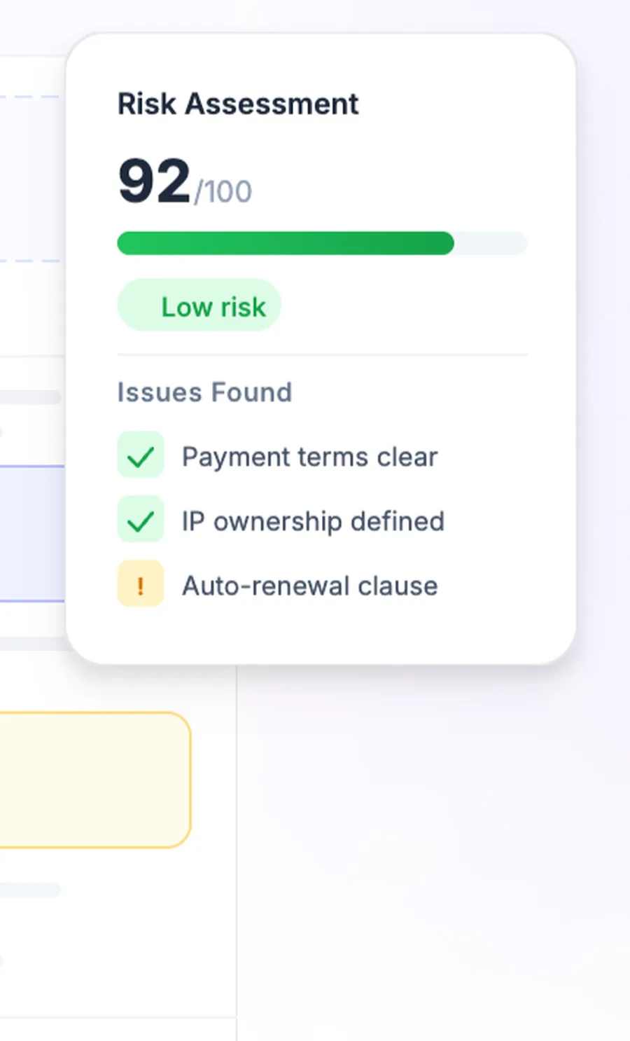 Legaliser risk assessment card scoring a contract 92 out of 100 with issues found