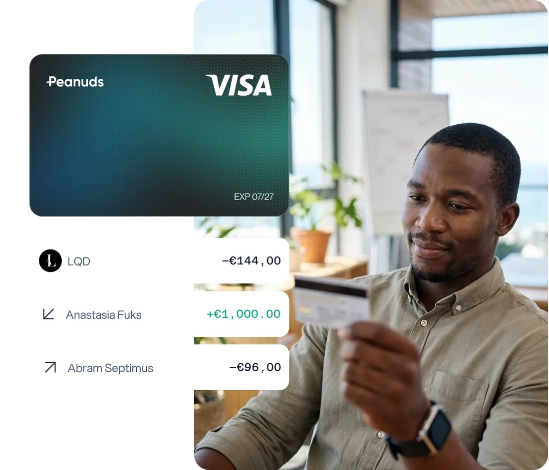 Peanuds VISA card and account balance shown on a business spend management view