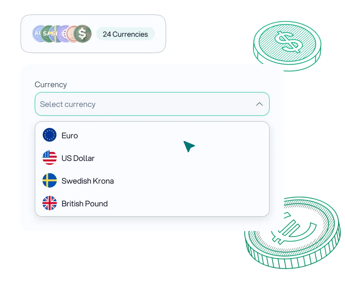 Peanuds multi-currency selector with Euro, US Dollar, Swedish Krona and British Pound