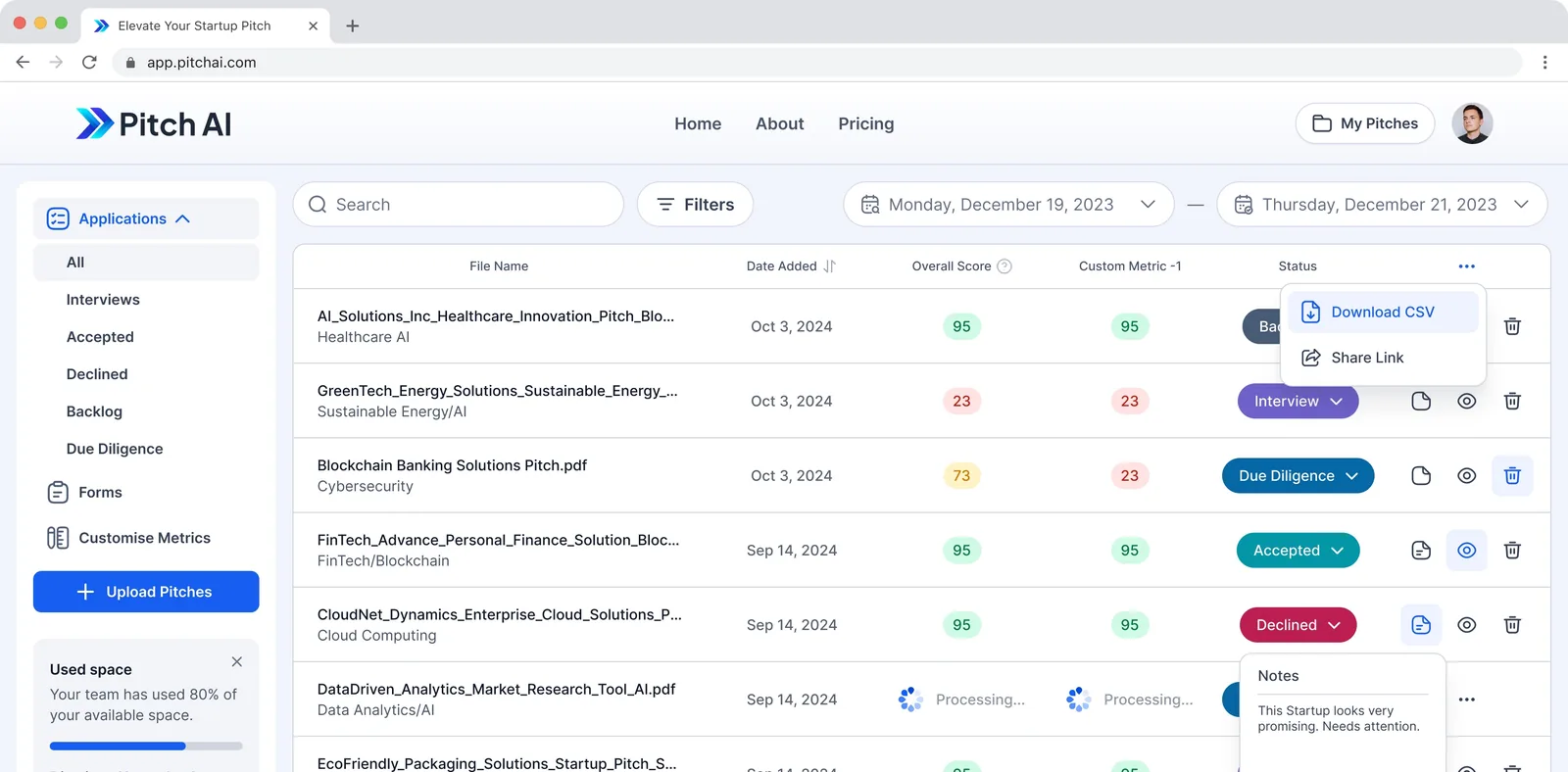Pitch AI detailed deck analysis view with dimension scores and feedback