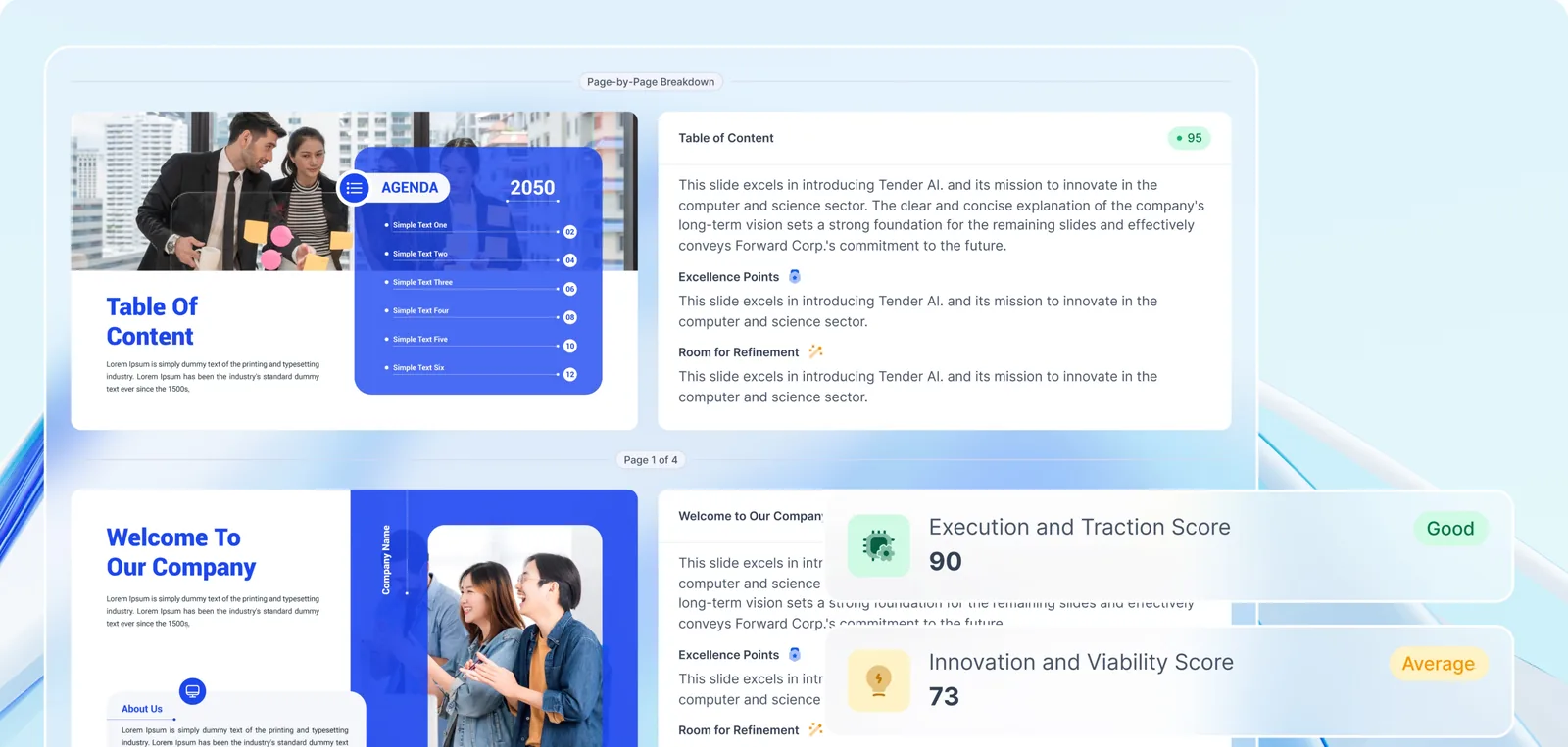 Pitch AI deal-flow dashboard listing analyzed pitch decks with scores